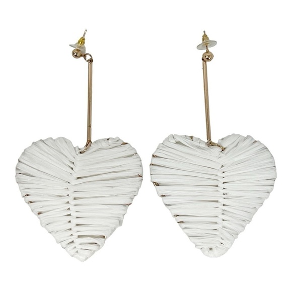Raffia Heart Drop Earrings, White & Gold Tone - Picture 2 of 2